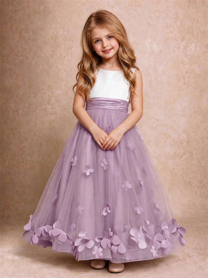 3D Floral Tulle Flower Girl Dress Pleated Sleeveless Floor Length Formal Wedding Party Gown