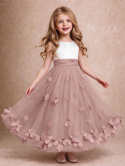 3D Floral Tulle Flower Girl Dress Pleated Sleeveless Floor Length Formal Wedding Party Gown