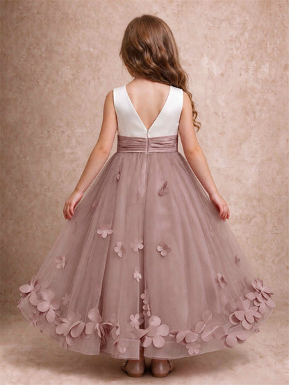 3D Floral Tulle Flower Girl Dress Pleated Sleeveless Floor Length Formal Wedding Party Gown