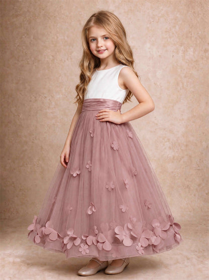 3D Floral Tulle Flower Girl Dress Pleated Sleeveless Floor Length Formal Wedding Party Gown