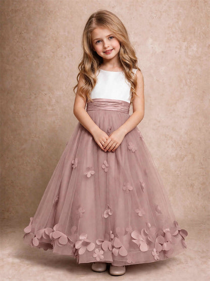 3D Floral Tulle Flower Girl Dress Pleated Sleeveless Floor Length Formal Wedding Party Gown