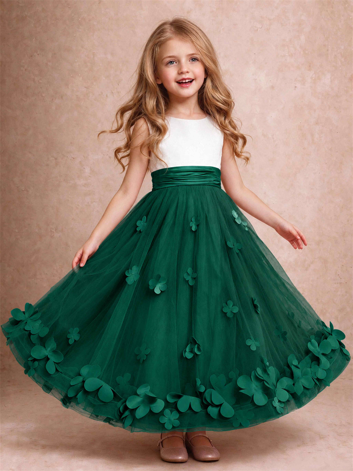 3D Floral Tulle Flower Girl Dress Pleated Sleeveless Floor Length Formal Wedding Party Gown