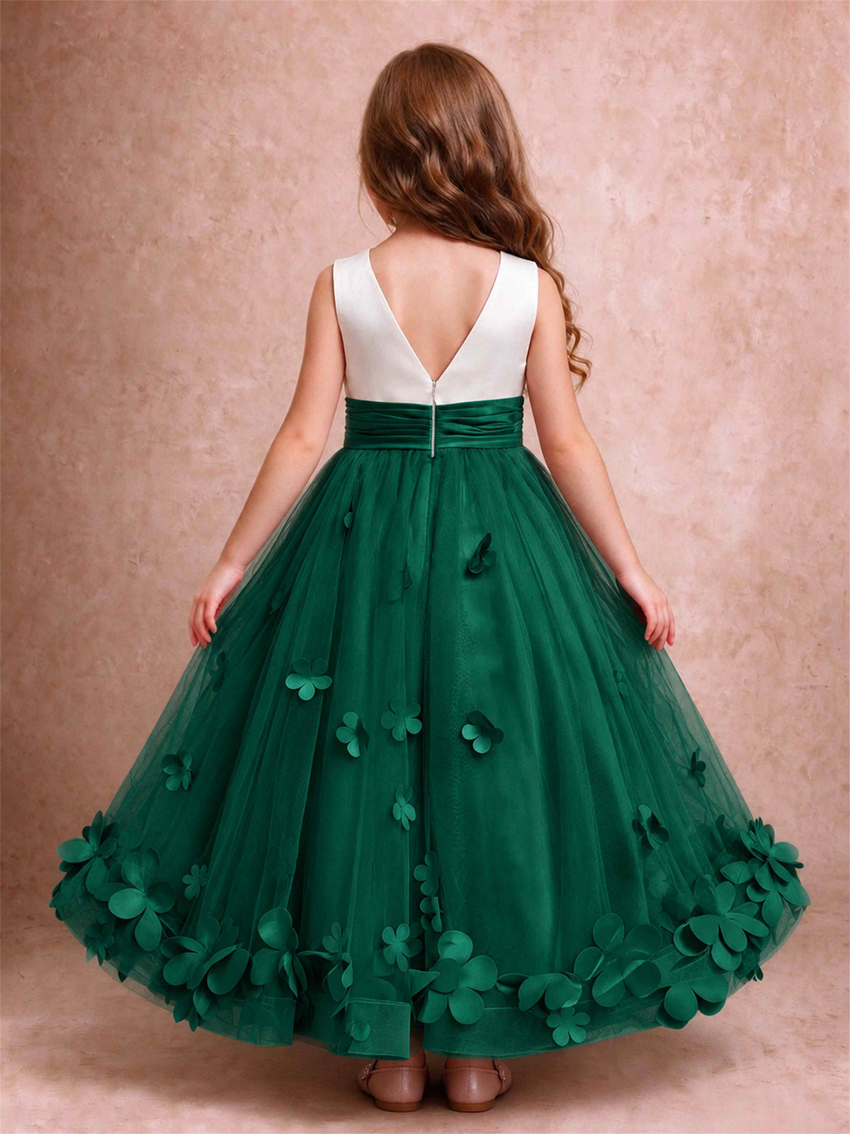 3D Floral Tulle Flower Girl Dress Pleated Sleeveless Floor Length Formal Wedding Party Gown