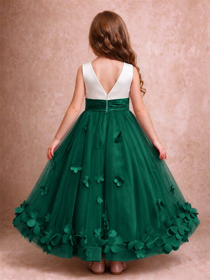 3D Floral Tulle Flower Girl Dress Pleated Sleeveless Floor Length Formal Wedding Party Gown