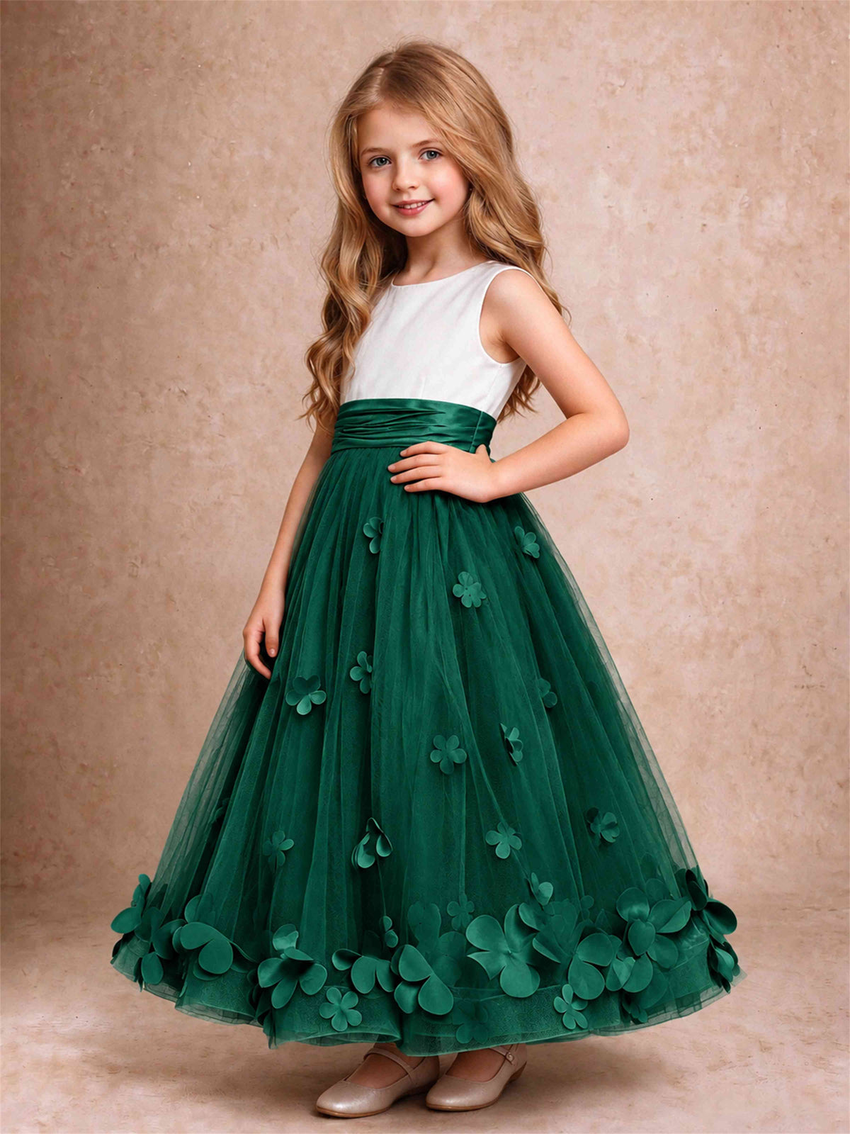 3D Floral Tulle Flower Girl Dress Pleated Sleeveless Floor Length Formal Wedding Party Gown