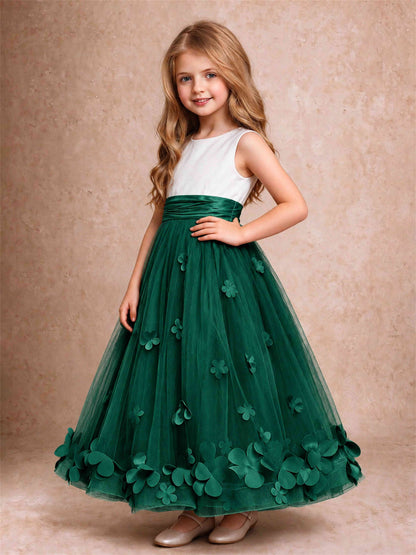 3D Floral Tulle Flower Girl Dress Pleated Sleeveless Floor Length Formal Wedding Party Gown