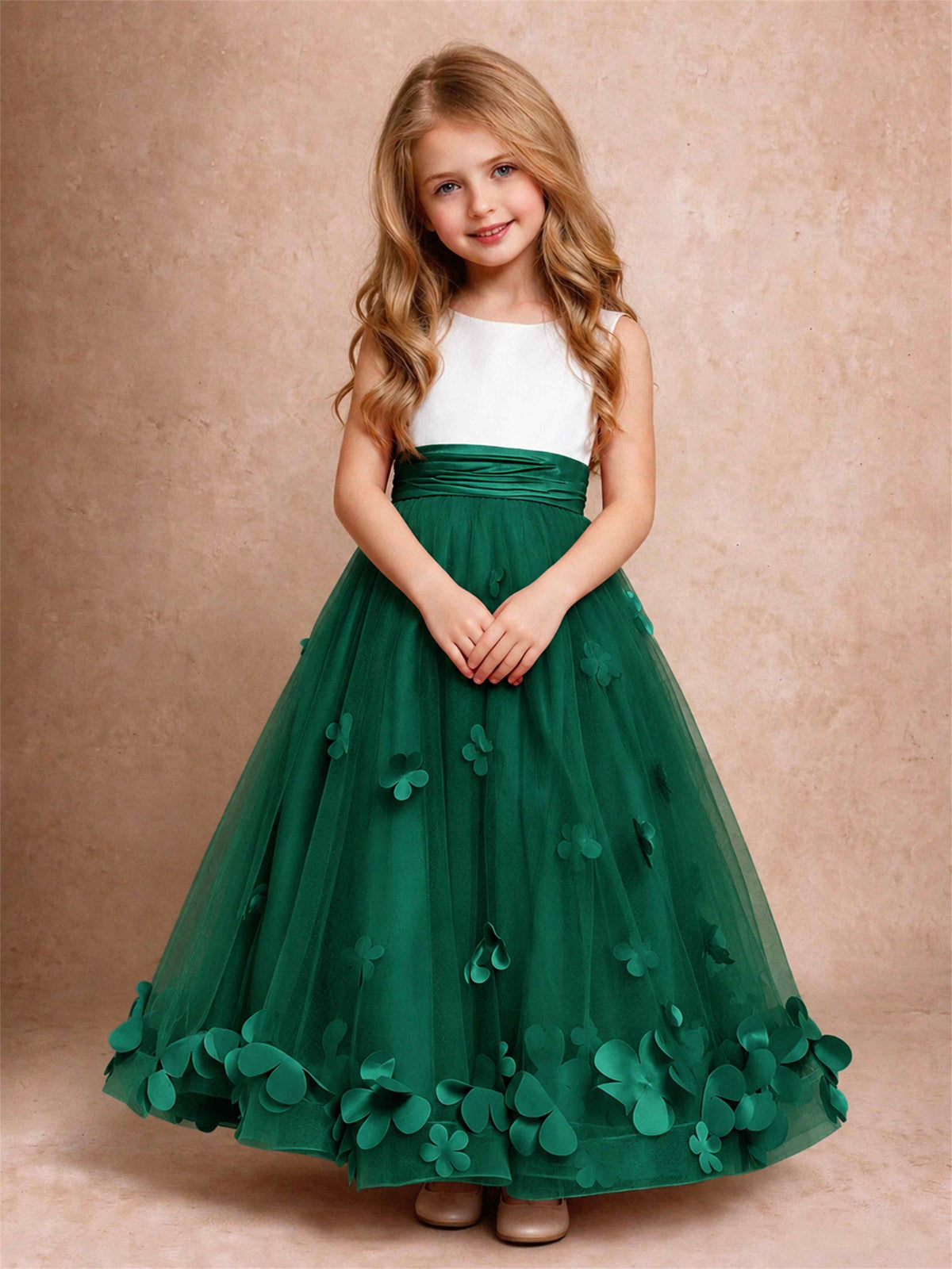 3D Floral Tulle Flower Girl Dress Pleated Sleeveless Floor Length Formal Wedding Party Gown