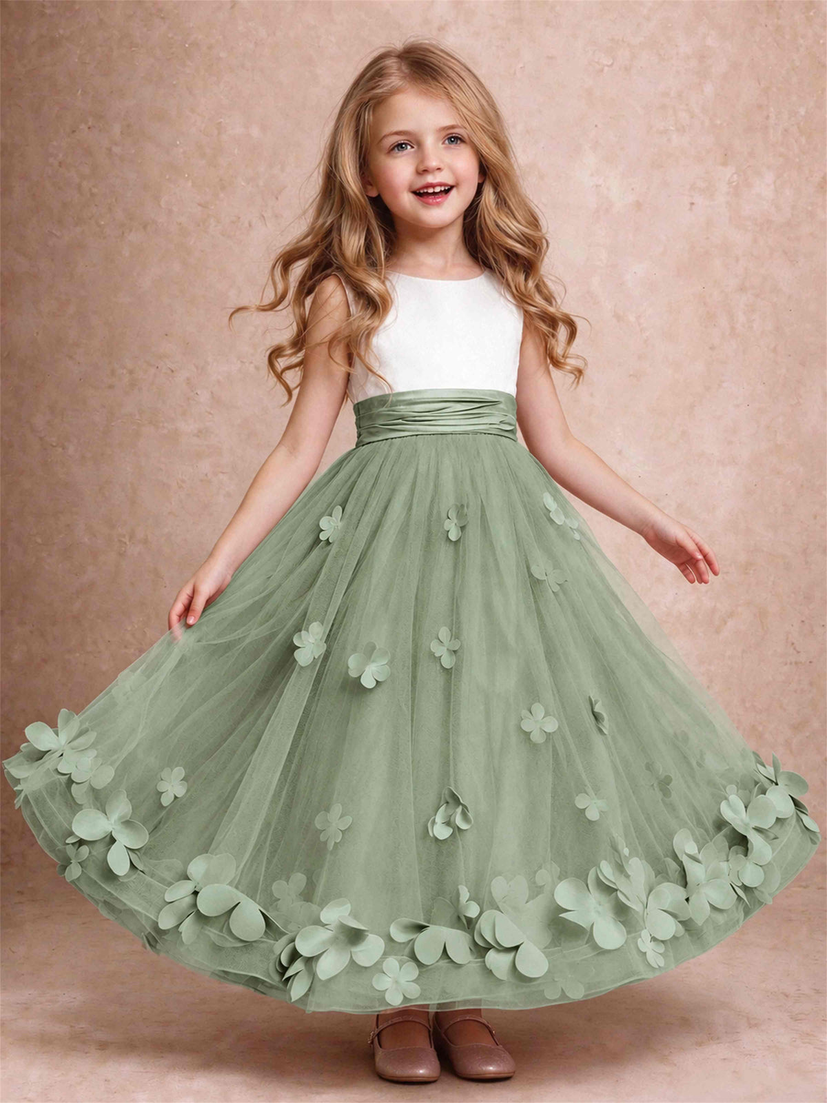 3D Floral Tulle Flower Girl Dress Pleated Sleeveless Floor Length Formal Wedding Party Gown