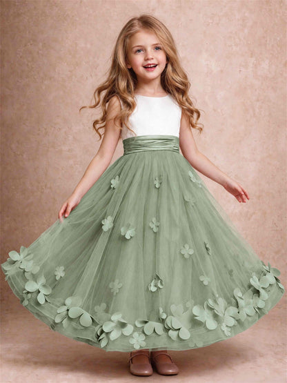 3D Floral Tulle Flower Girl Dress Pleated Sleeveless Floor Length Formal Wedding Party Gown