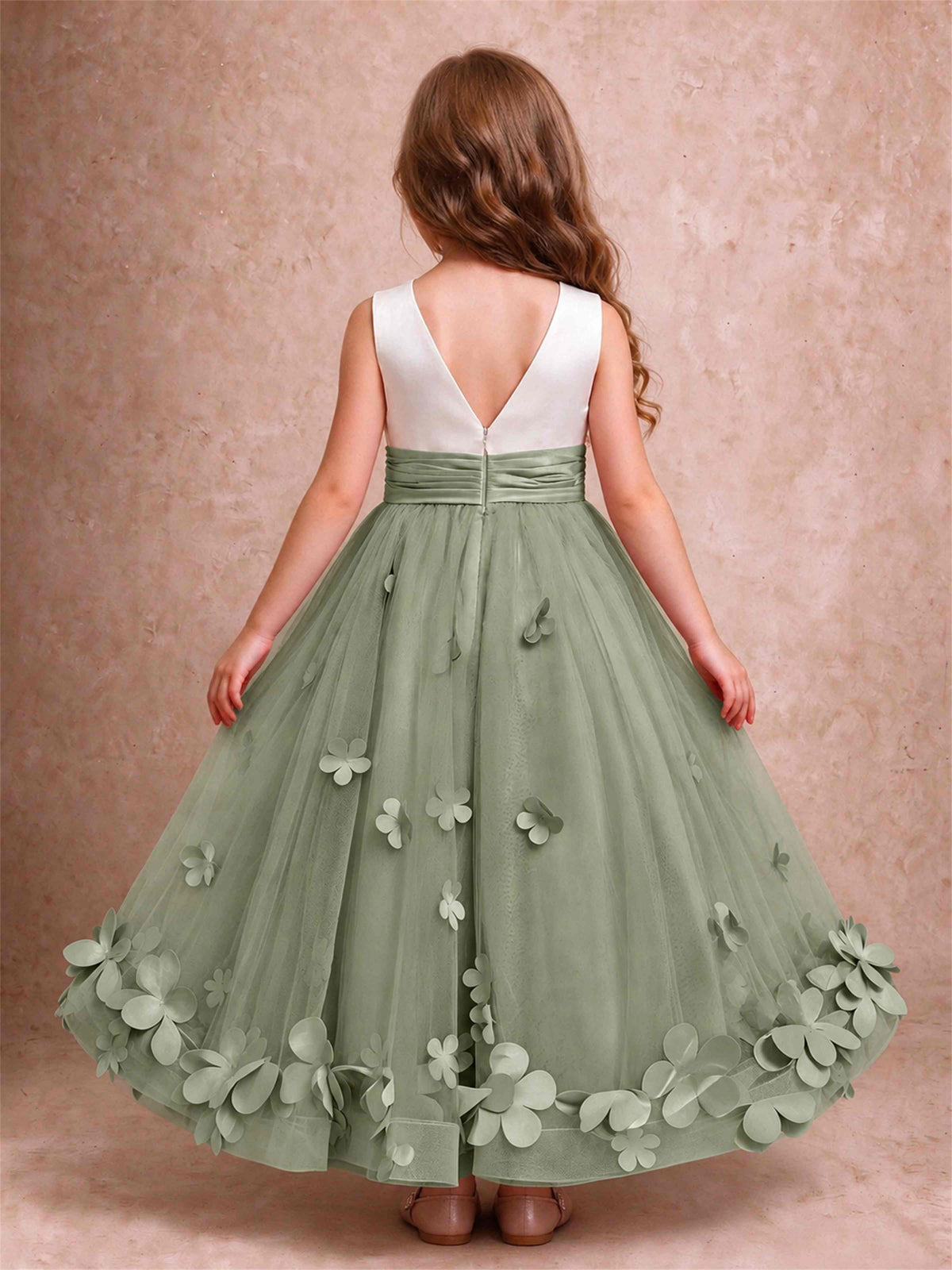 3D Floral Tulle Flower Girl Dress Pleated Sleeveless Floor Length Formal Wedding Party Gown
