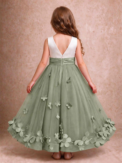 3D Floral Tulle Flower Girl Dress Pleated Sleeveless Floor Length Formal Wedding Party Gown