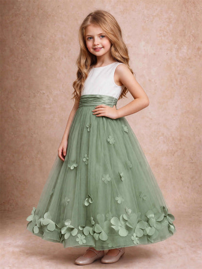 3D Floral Tulle Flower Girl Dress Pleated Sleeveless Floor Length Formal Wedding Party Gown