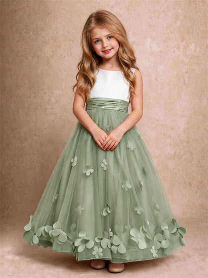 3D Floral Tulle Flower Girl Dress Pleated Sleeveless Floor Length Formal Wedding Party Gown