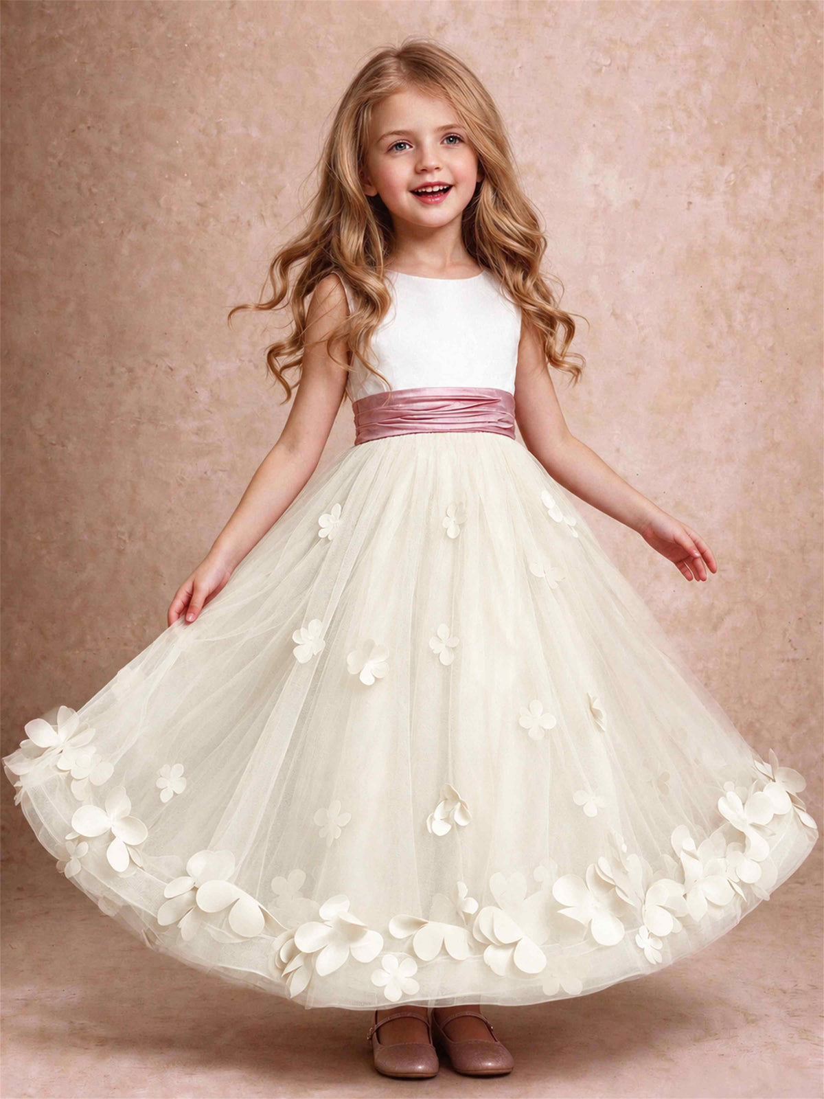 3D Floral Tulle Flower Girl Dress Pleated Sleeveless Floor Length Formal Wedding Party Gown