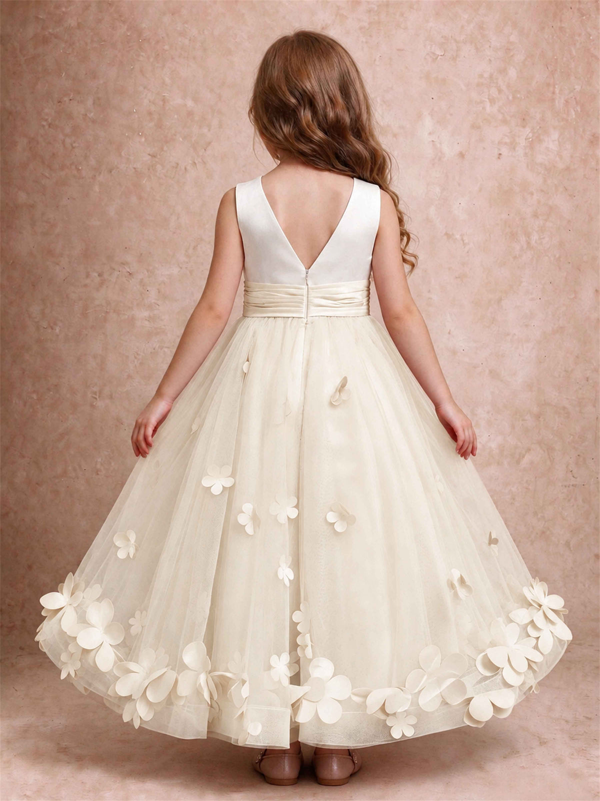 3D Floral Tulle Flower Girl Dress Pleated Sleeveless Floor Length Formal Wedding Party Gown
