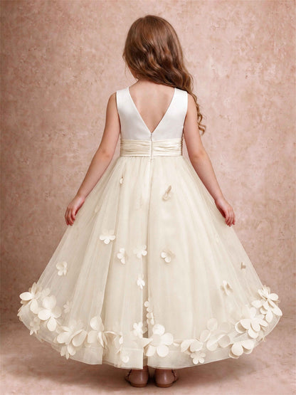 3D Floral Tulle Flower Girl Dress Pleated Sleeveless Floor Length Formal Wedding Party Gown