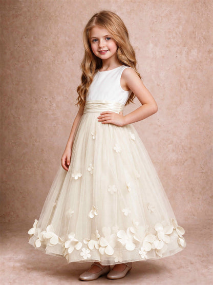 3D Floral Tulle Flower Girl Dress Pleated Sleeveless Floor Length Formal Wedding Party Gown