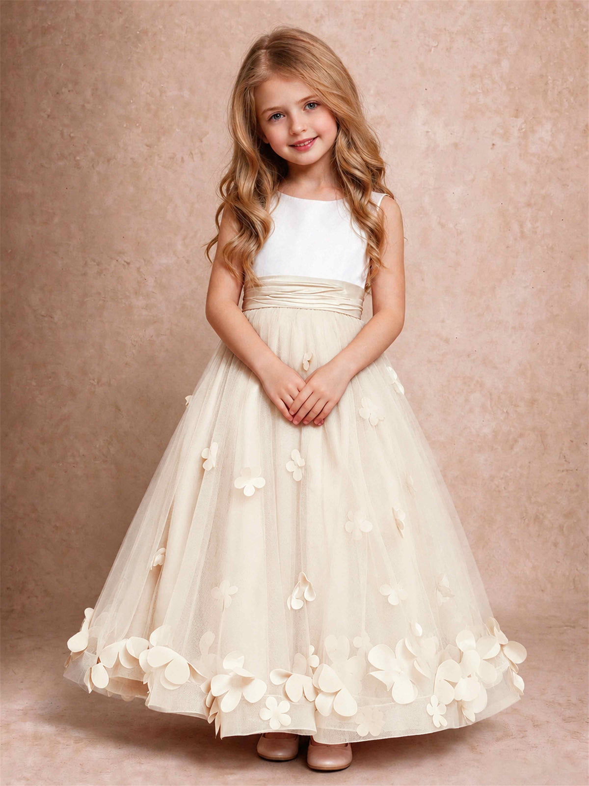 3D Floral Tulle Flower Girl Dress Pleated Sleeveless Floor Length Formal Wedding Party Gown