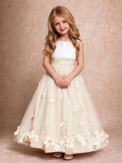 3D Floral Tulle Flower Girl Dress Pleated Sleeveless Floor Length Formal Wedding Party Gown