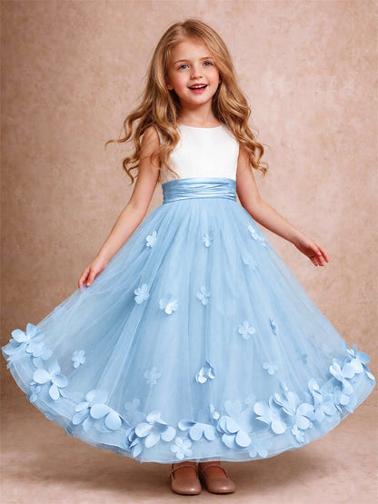 3D Floral Tulle Flower Girl Dress Pleated Sleeveless Floor Length Formal Wedding Party Gown