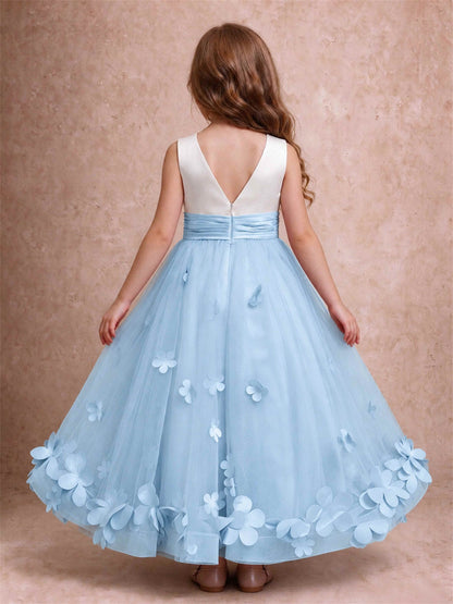 3D Floral Tulle Flower Girl Dress Pleated Sleeveless Floor Length Formal Wedding Party Gown