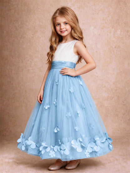 3D Floral Tulle Flower Girl Dress Pleated Sleeveless Floor Length Formal Wedding Party Gown