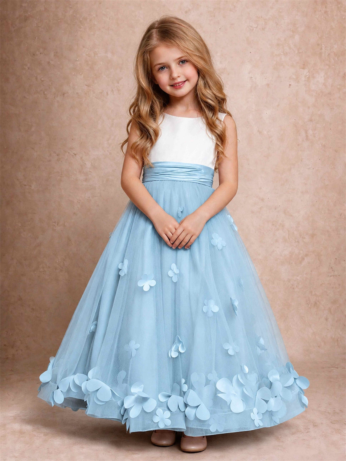3D Floral Tulle Flower Girl Dress Pleated Sleeveless Floor Length Formal Wedding Party Gown