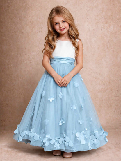 3D Floral Tulle Flower Girl Dress Pleated Sleeveless Floor Length Formal Wedding Party Gown