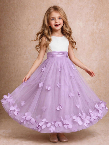 3D Floral Tulle Flower Girl Dress Pleated Sleeveless Floor Length Formal Wedding Party Gown