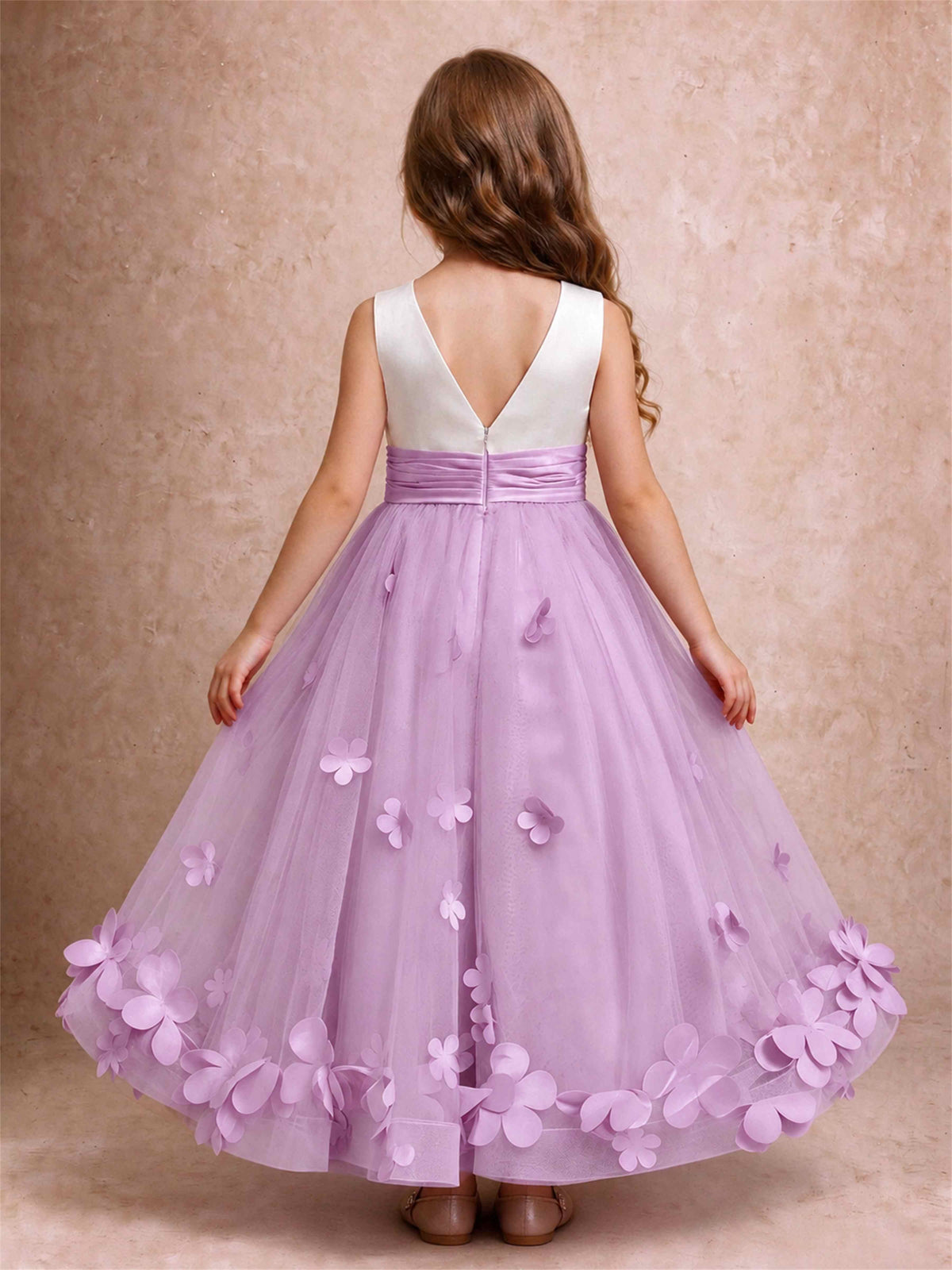 3D Floral Tulle Flower Girl Dress Pleated Sleeveless Floor Length Formal Wedding Party Gown