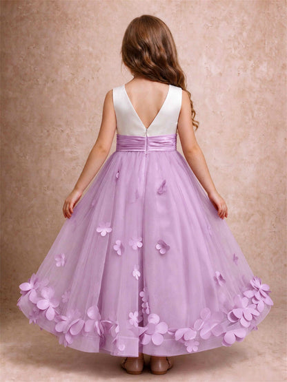 3D Floral Tulle Flower Girl Dress Pleated Sleeveless Floor Length Formal Wedding Party Gown