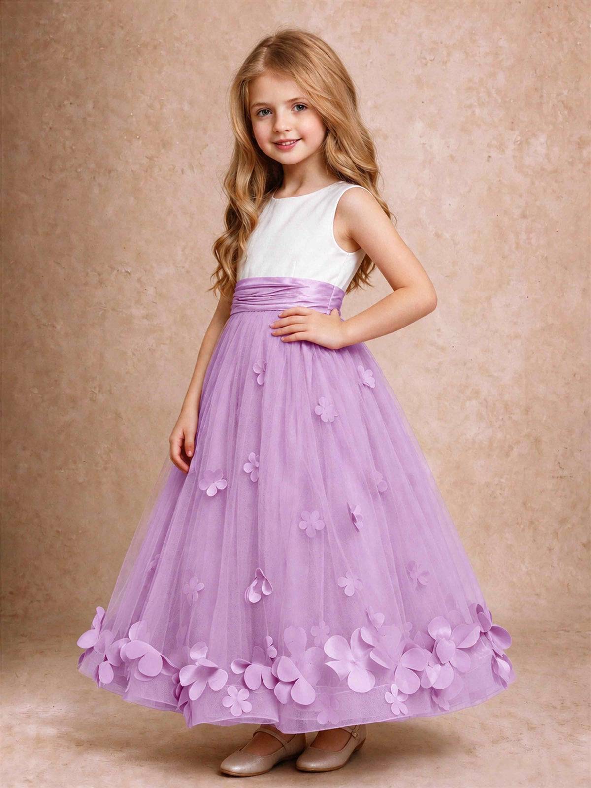 3D Floral Tulle Flower Girl Dress Pleated Sleeveless Floor Length Formal Wedding Party Gown