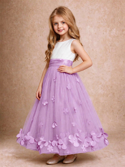 3D Floral Tulle Flower Girl Dress Pleated Sleeveless Floor Length Formal Wedding Party Gown