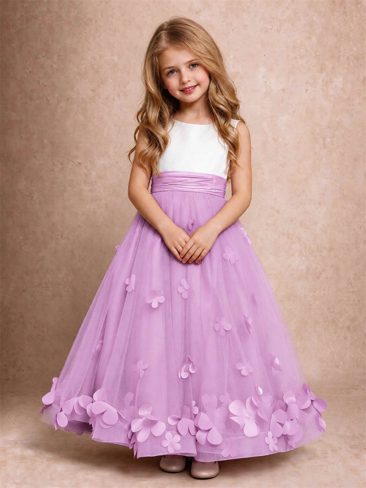 3D Floral Tulle Flower Girl Dress Pleated Sleeveless Floor Length Formal Wedding Party Gown