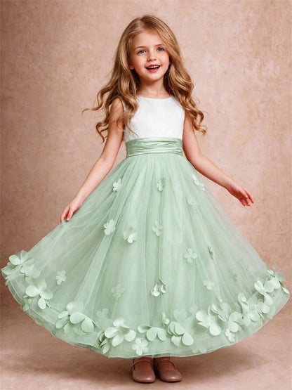 3D Floral Tulle Flower Girl Dress Pleated Sleeveless Floor Length Formal Wedding Party Gown