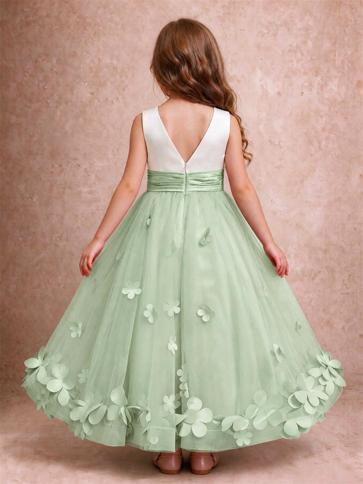 3D Floral Tulle Flower Girl Dress Pleated Sleeveless Floor Length Formal Wedding Party Gown