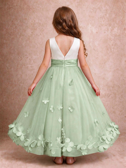 3D Floral Tulle Flower Girl Dress Pleated Sleeveless Floor Length Formal Wedding Party Gown