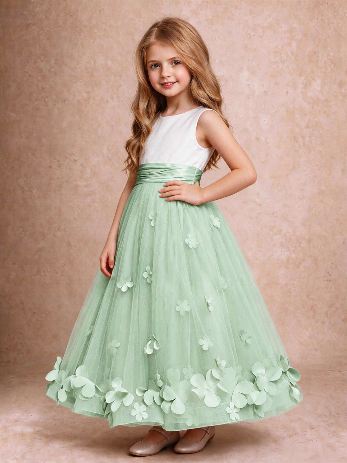3D Floral Tulle Flower Girl Dress Pleated Sleeveless Floor Length Formal Wedding Party Gown