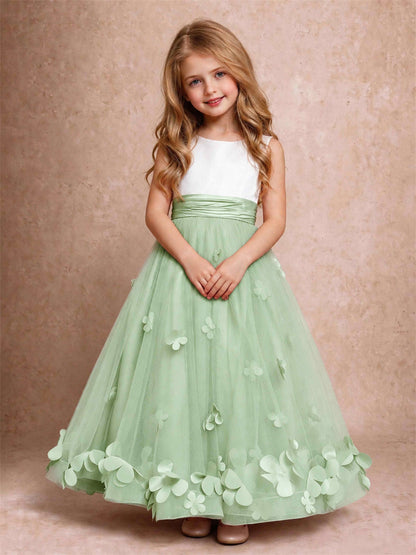3D Floral Tulle Flower Girl Dress Pleated Sleeveless Floor Length Formal Wedding Party Gown