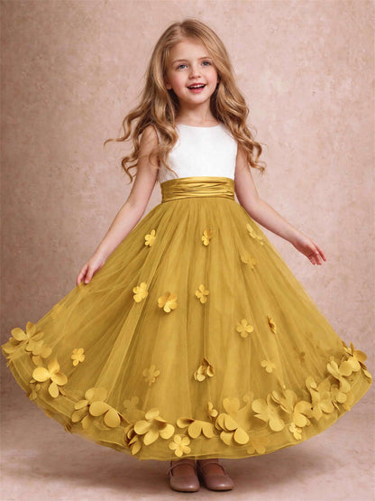 3D Floral Tulle Flower Girl Dress Pleated Sleeveless Floor Length Formal Wedding Party Gown