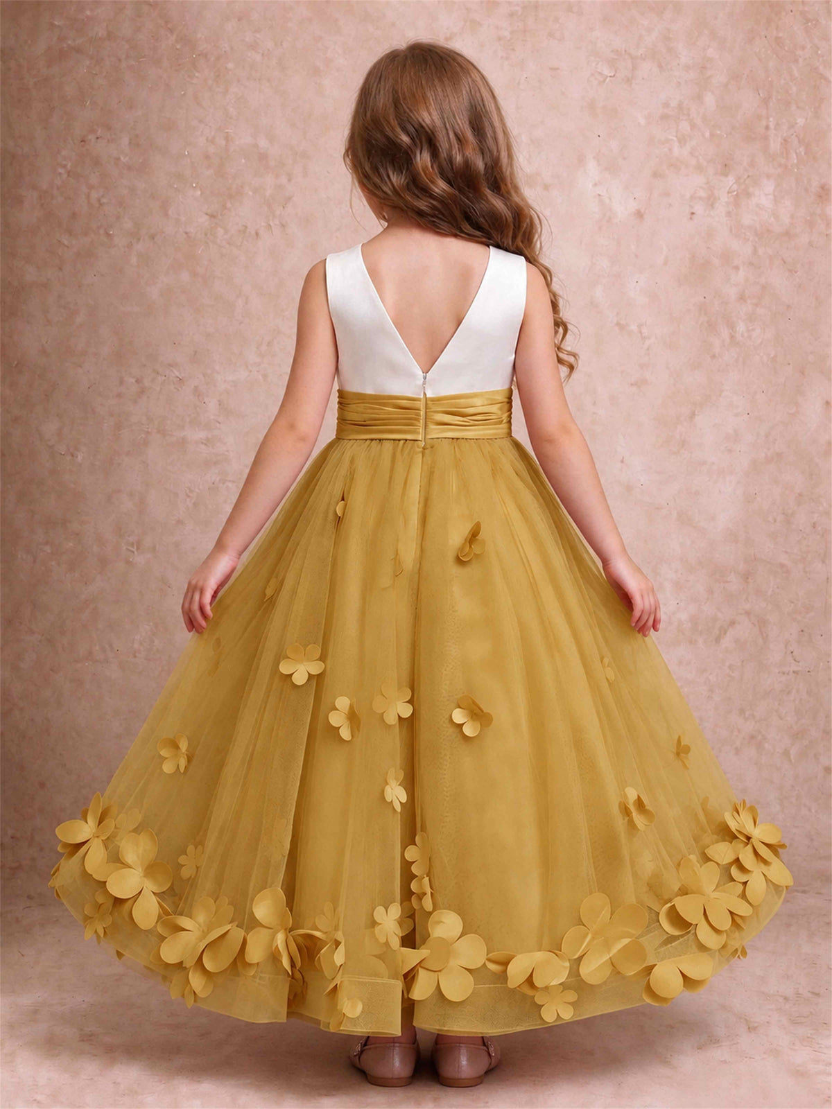 3D Floral Tulle Flower Girl Dress Pleated Sleeveless Floor Length Formal Wedding Party Gown