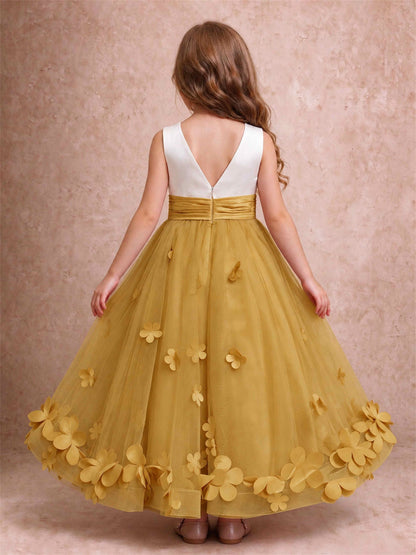 3D Floral Tulle Flower Girl Dress Pleated Sleeveless Floor Length Formal Wedding Party Gown