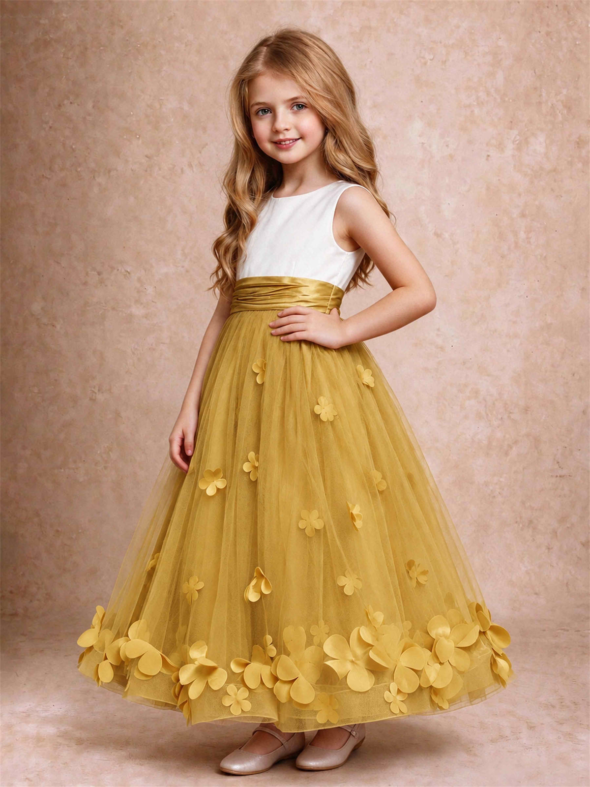 3D Floral Tulle Flower Girl Dress Pleated Sleeveless Floor Length Formal Wedding Party Gown