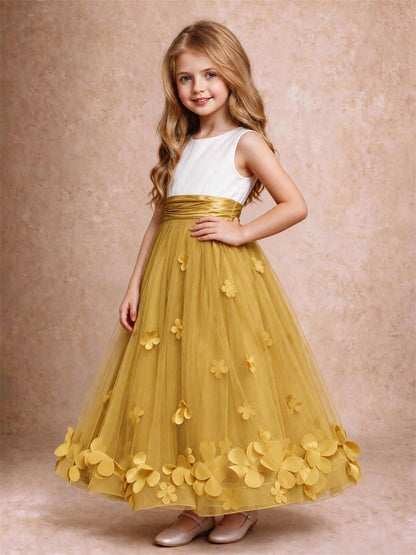 3D Floral Tulle Flower Girl Dress Pleated Sleeveless Floor Length Formal Wedding Party Gown