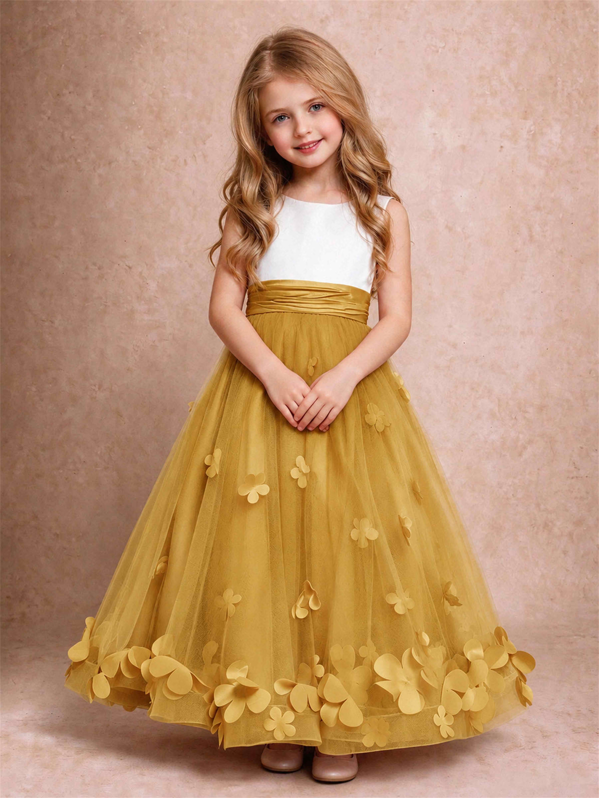 3D Floral Tulle Flower Girl Dress Pleated Sleeveless Floor Length Formal Wedding Party Gown