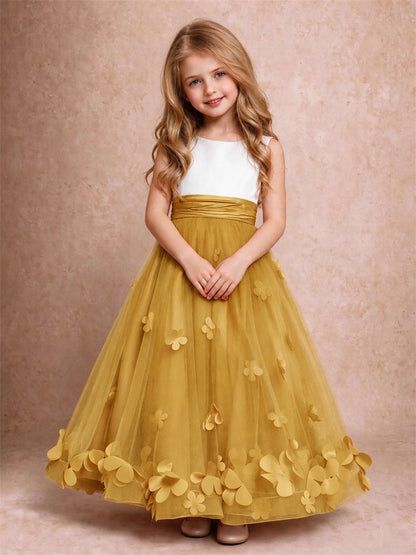 3D Floral Tulle Flower Girl Dress Pleated Sleeveless Floor Length Formal Wedding Party Gown
