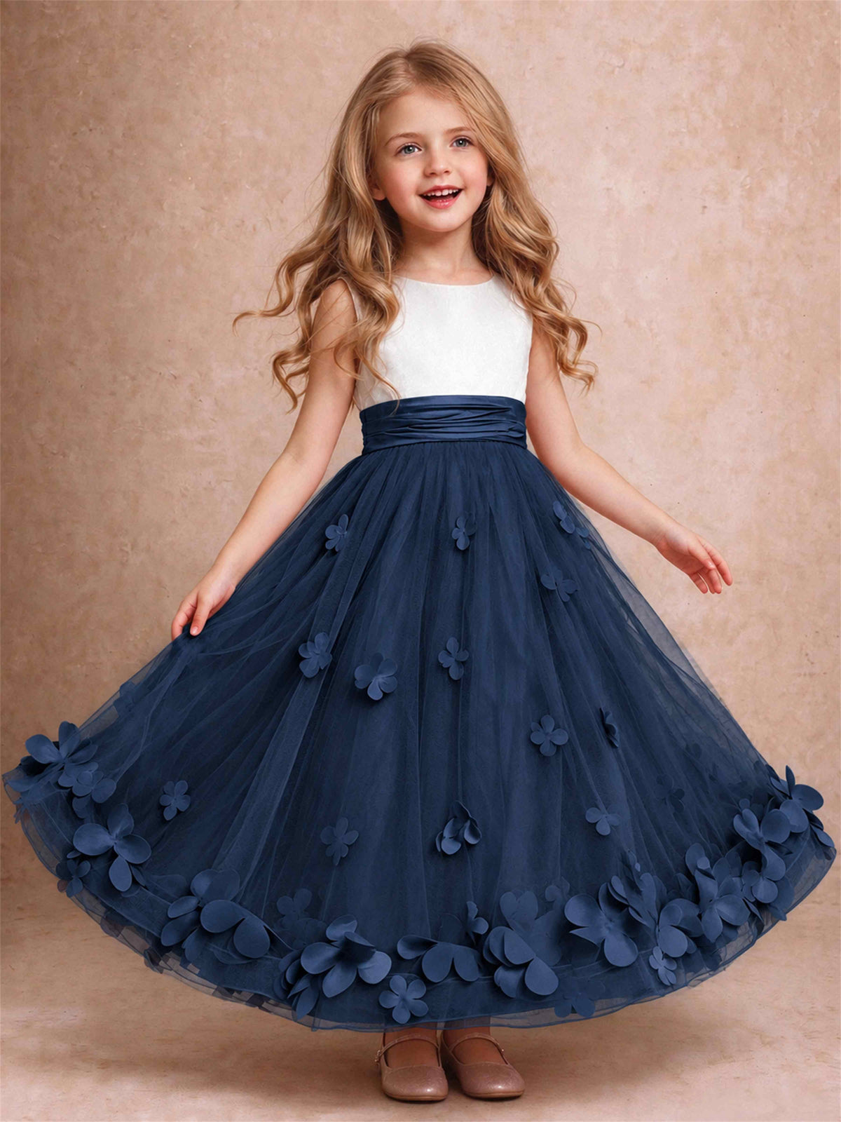 3D Floral Tulle Flower Girl Dress Pleated Sleeveless Floor Length Formal Wedding Party Gown