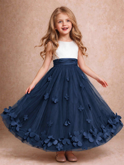 3D Floral Tulle Flower Girl Dress Pleated Sleeveless Floor Length Formal Wedding Party Gown
