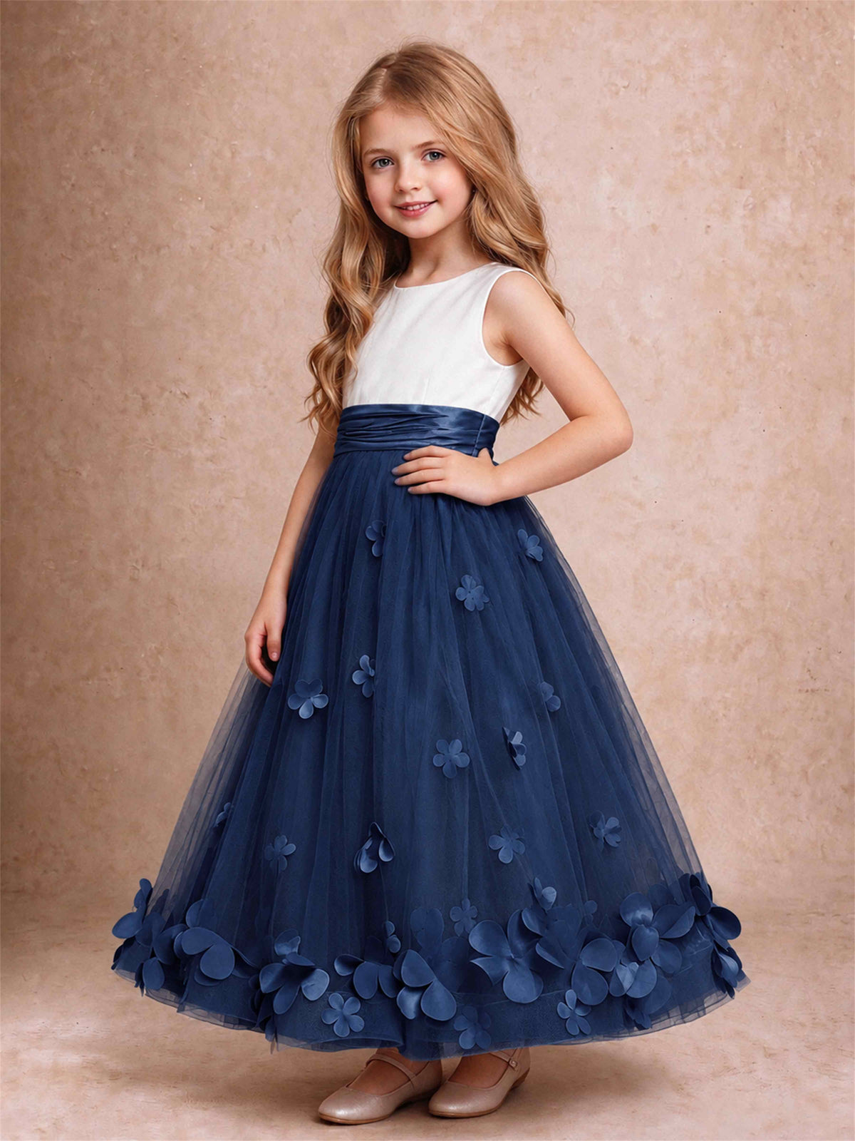 3D Floral Tulle Flower Girl Dress Pleated Sleeveless Floor Length Formal Wedding Party Gown