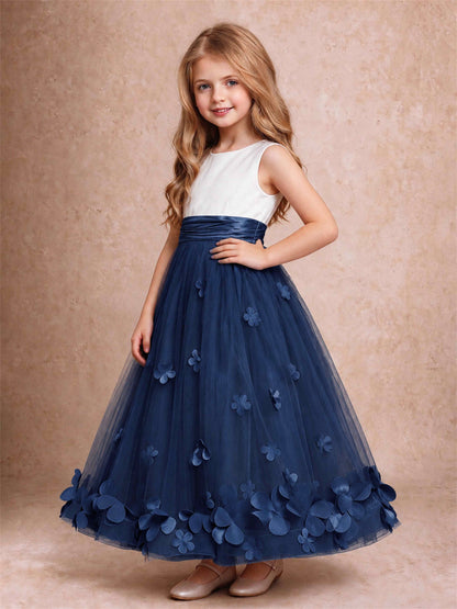 3D Floral Tulle Flower Girl Dress Pleated Sleeveless Floor Length Formal Wedding Party Gown